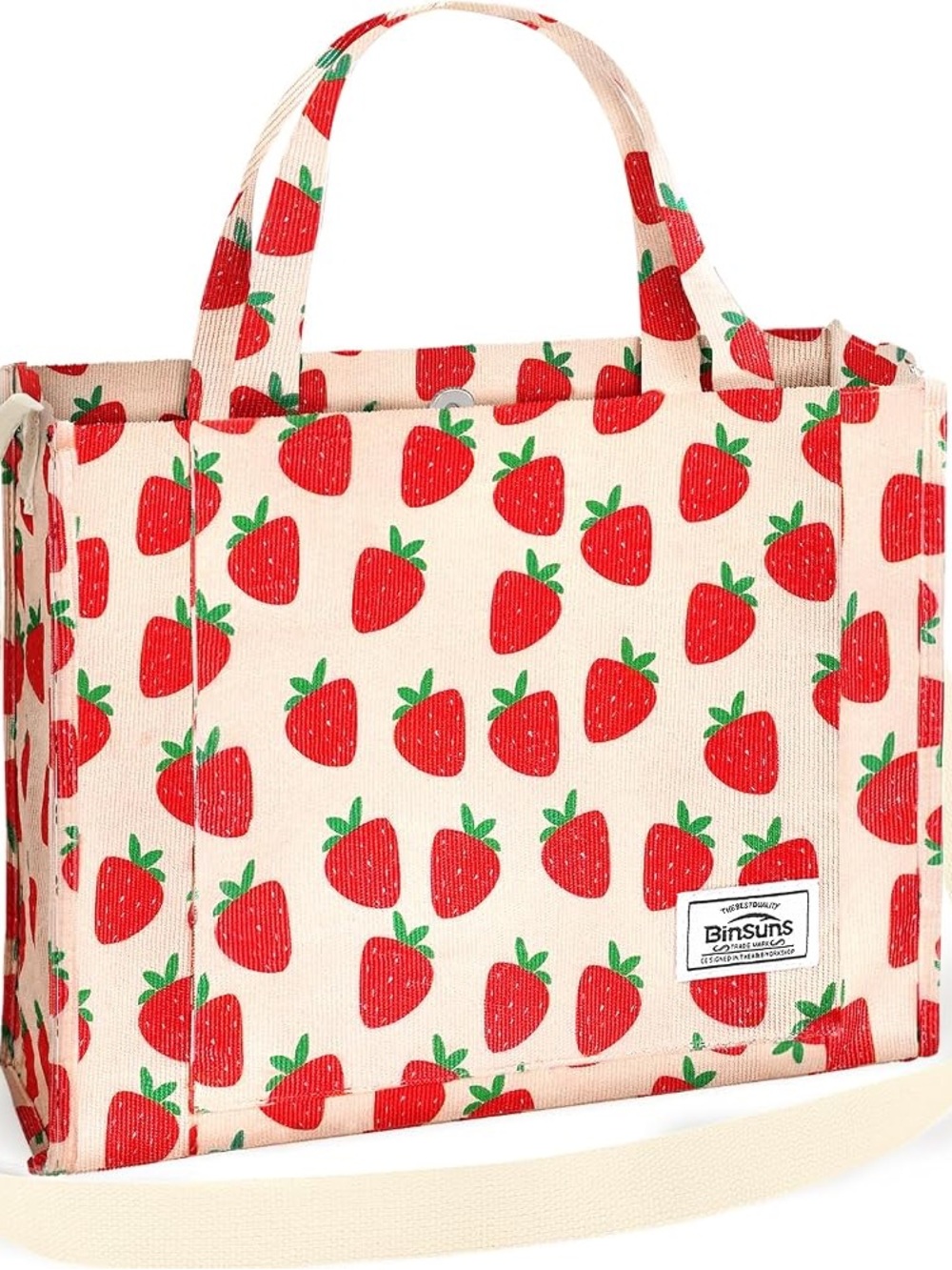 Strawberry Print Canvas Tote Bag - Red on Cream